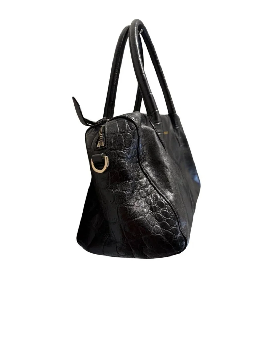 Cole Haan Black Leather Croc-Embossed Satchel Bag With Dual Handles & Zipper Clo
